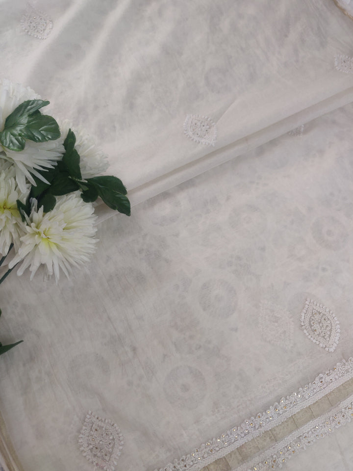 Off White Chanderi Chikankari Dupatta