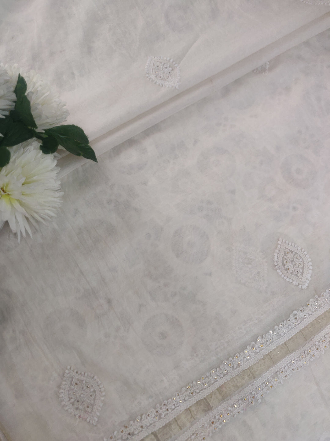 Off White Chanderi Chikankari Dupatta