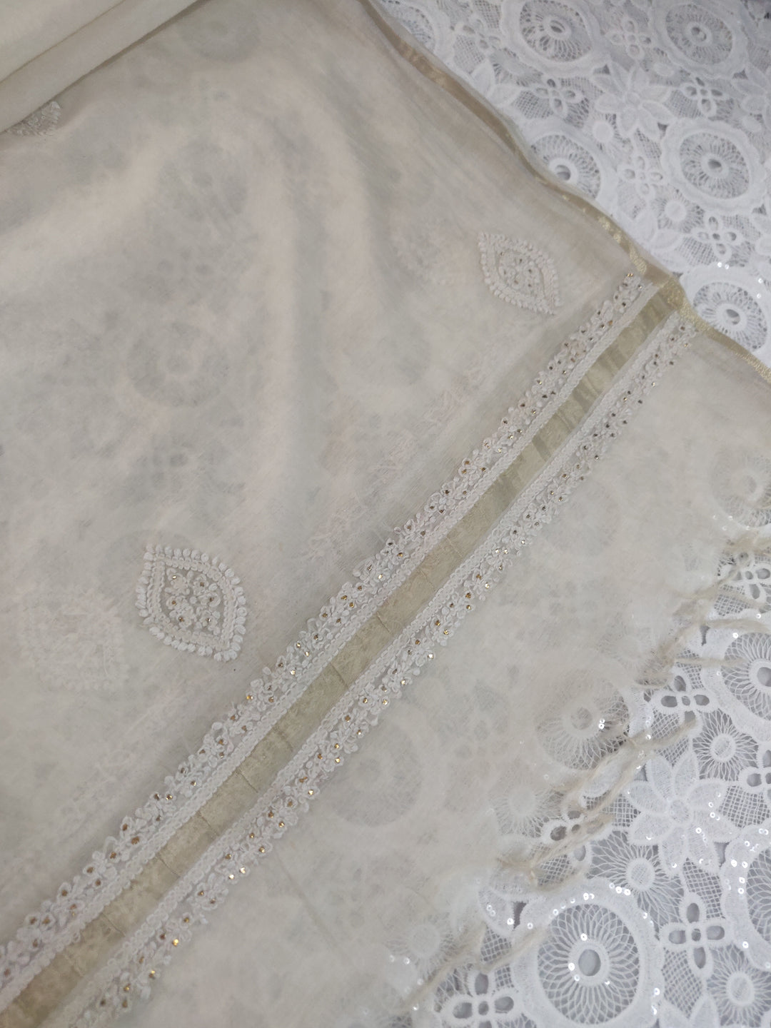 Off White Chanderi Chikankari Dupatta