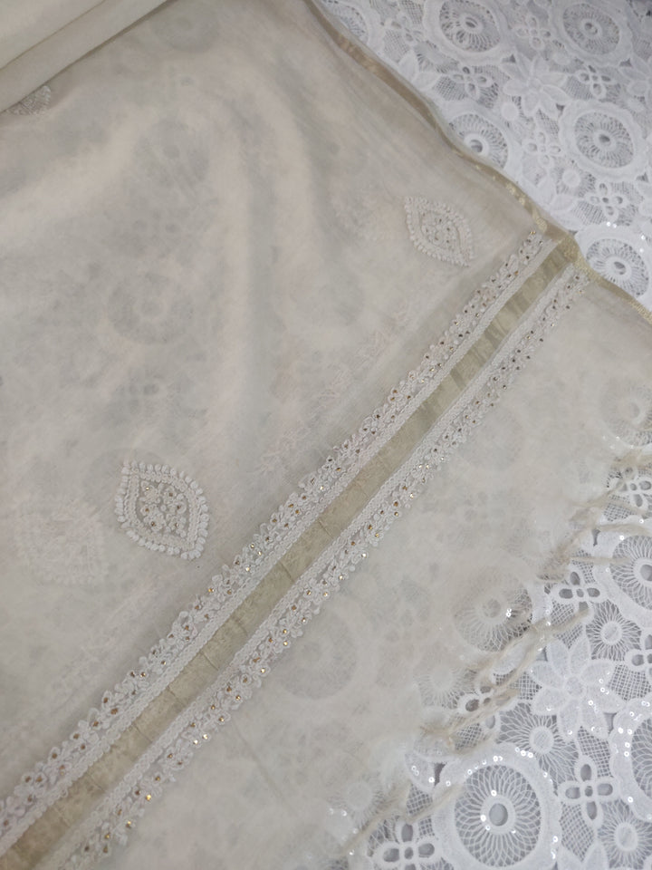 Off White Chanderi Chikankari Dupatta