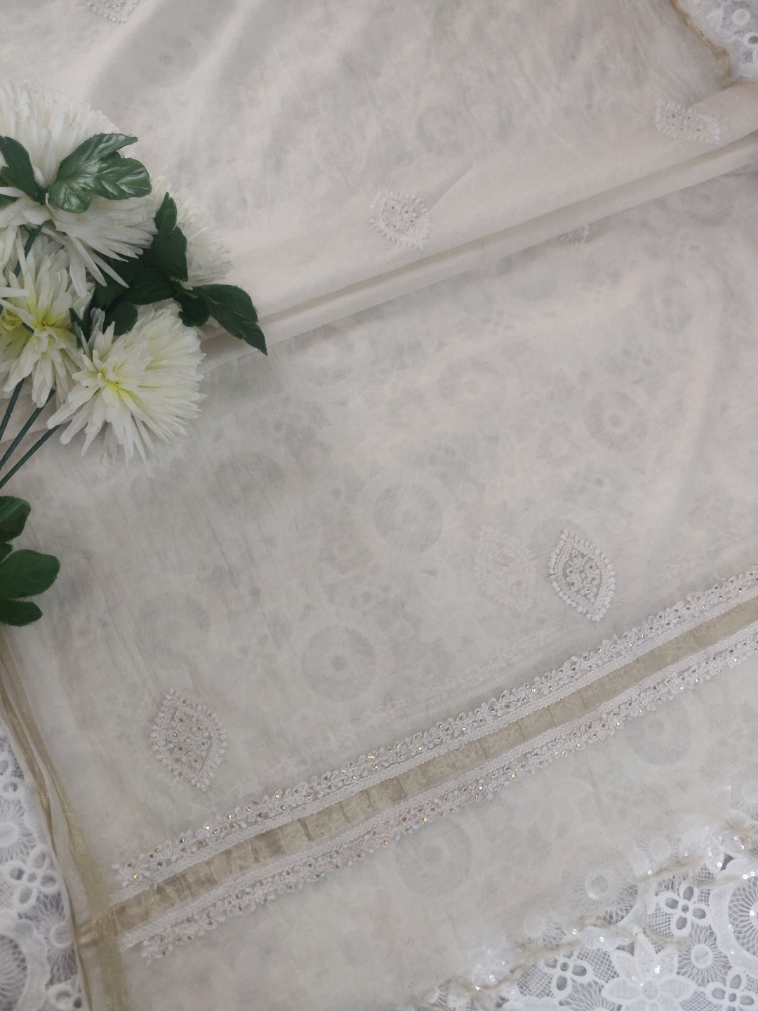 Off White Chanderi Chikankari Dupatta