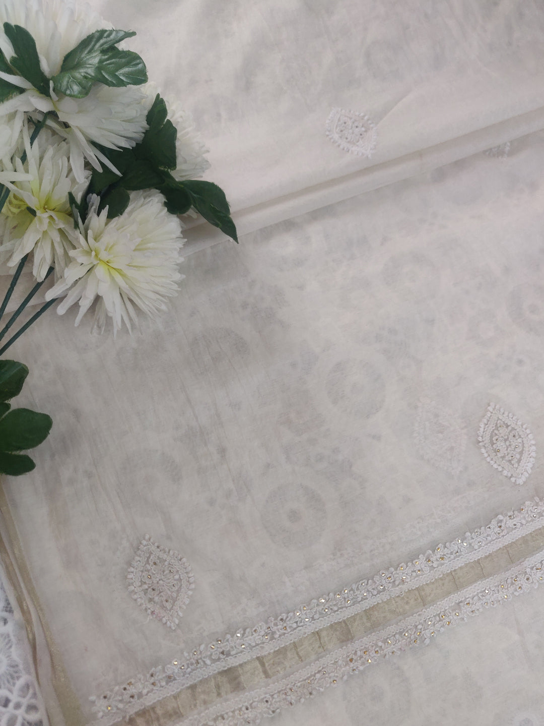 Off White Chanderi Chikankari Dupatta