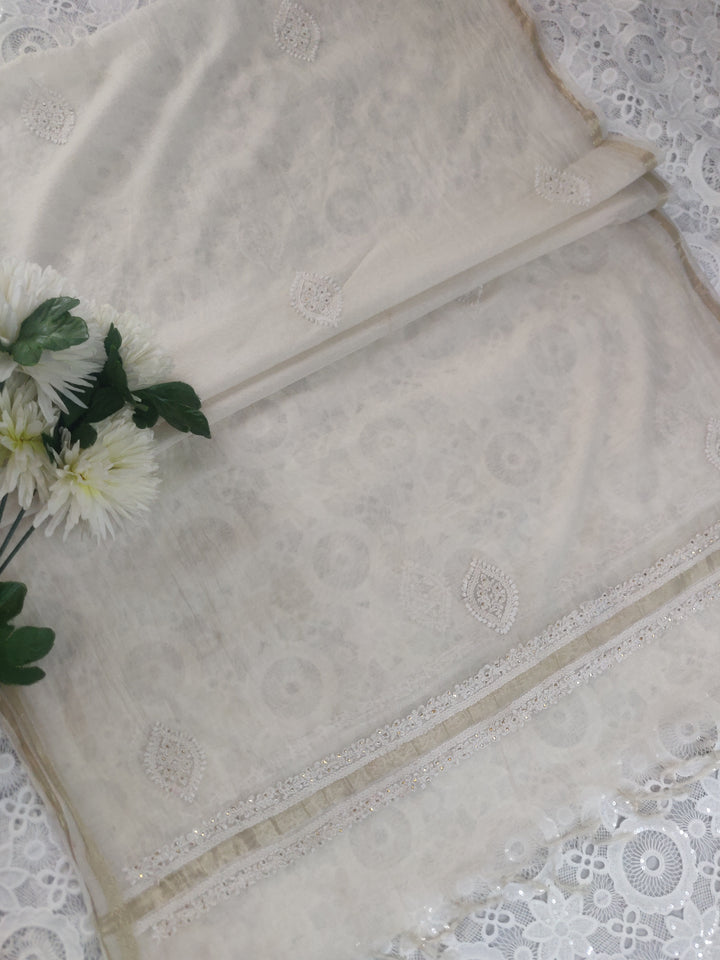 Off White Chanderi Chikankari Dupatta
