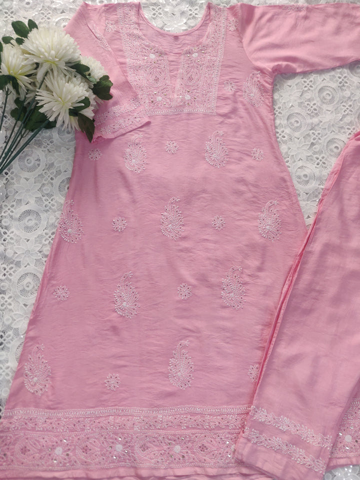 Baby Pink Chanderi Chikankari Suit Set-custom Made