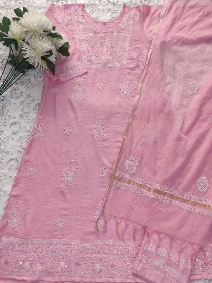 Baby Pink Chanderi Chikankari Suit Set-custom Made