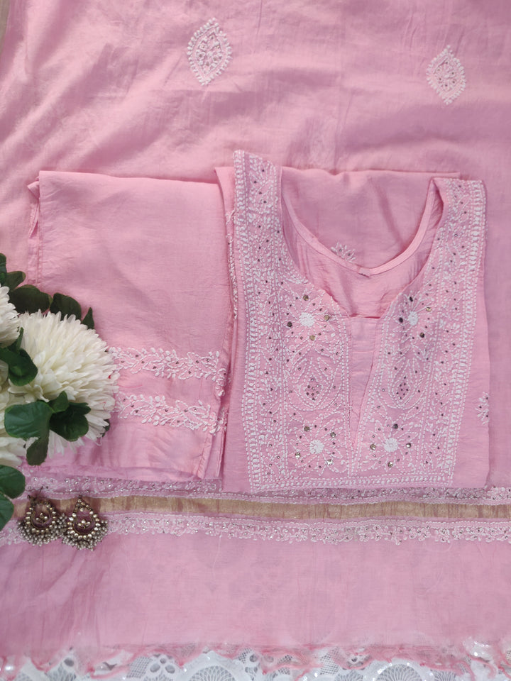 Baby Pink Chanderi Chikankari Suit Set-custom Made