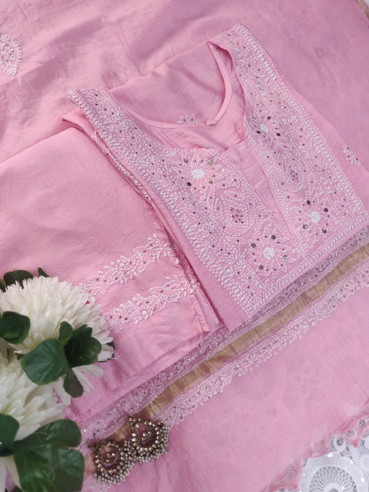 Baby Pink Chanderi Chikankari Suit Set-custom Made