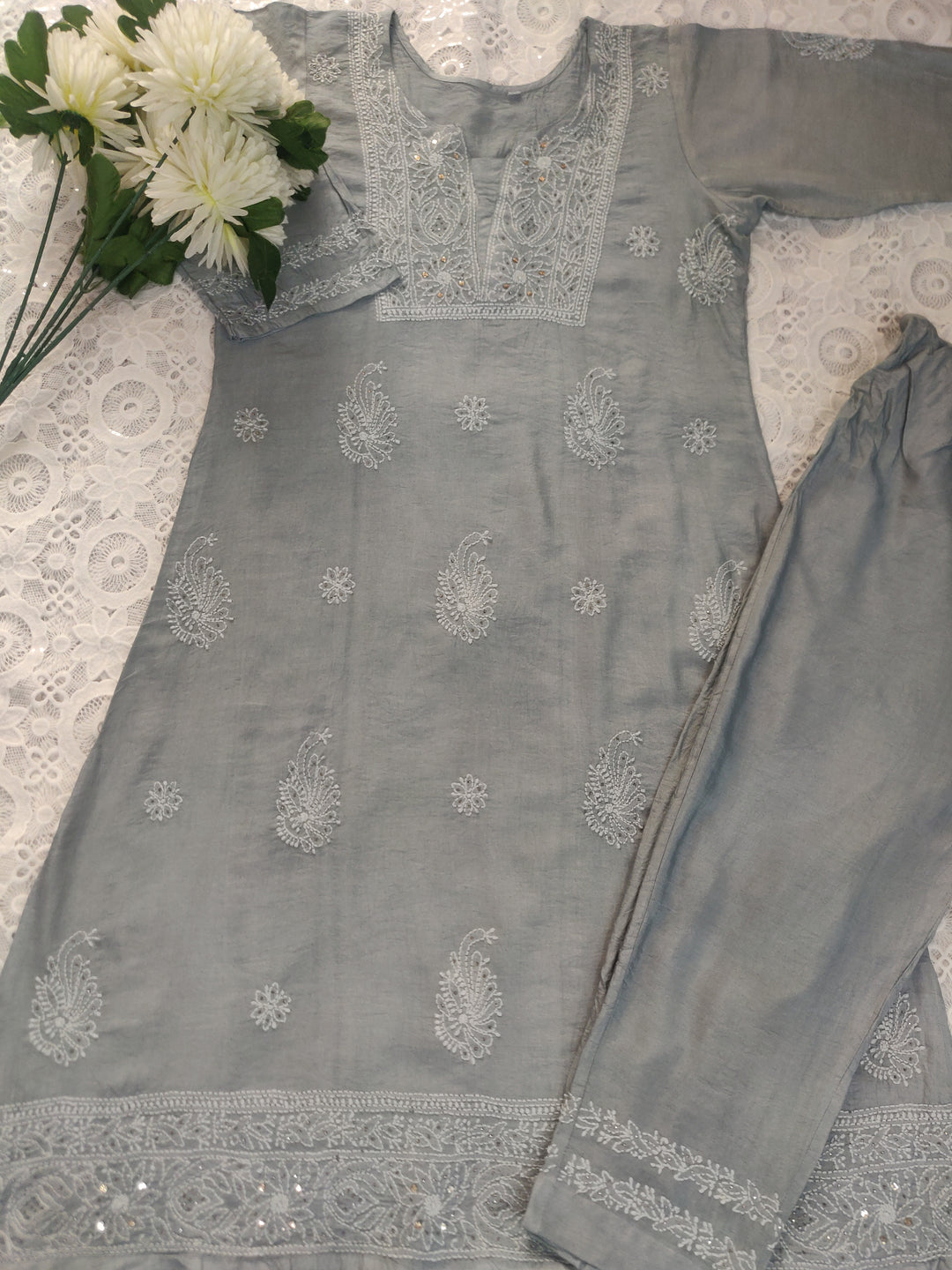 Grey Chanderi Chikankari Suit Set-custom Made