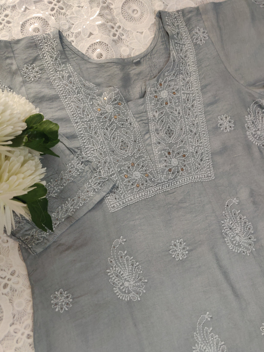 Grey Chanderi Chikankari Suit Set-custom Made