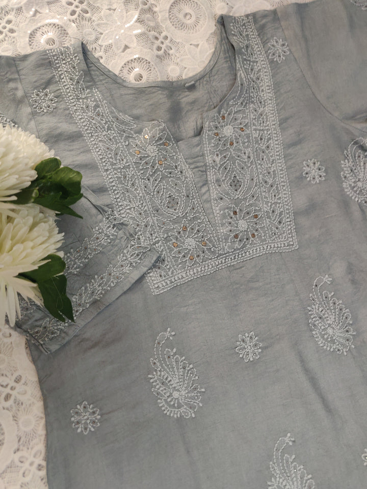 Grey Chanderi Chikankari Suit Set-custom Made