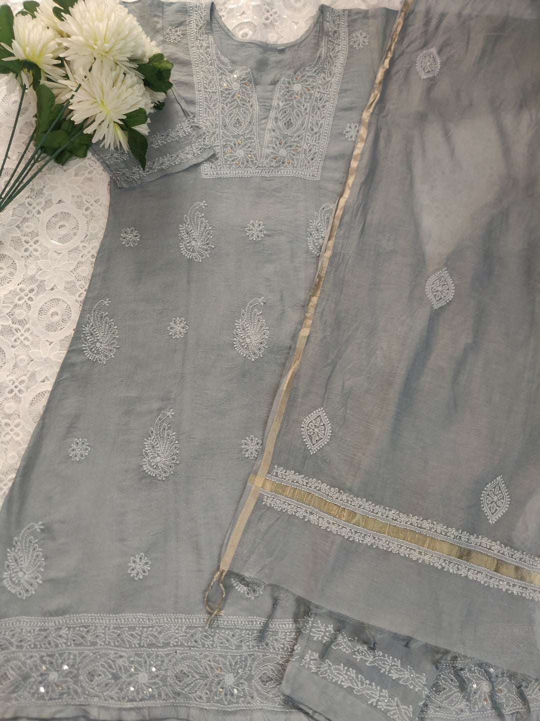 Grey Chanderi Chikankari Suit Set-custom Made