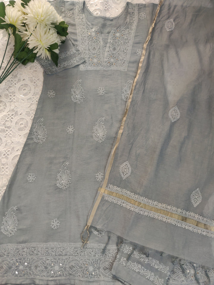 Grey Chanderi Chikankari Suit Set-custom Made