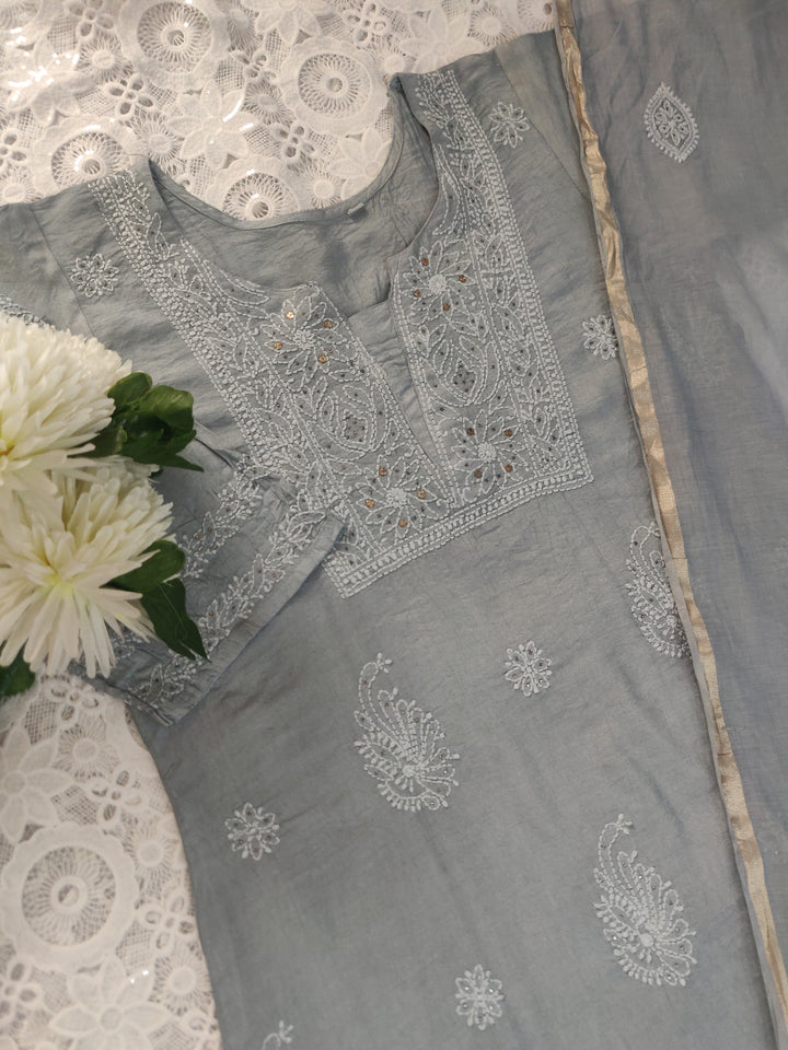 Grey Chanderi Chikankari Suit Set-custom Made