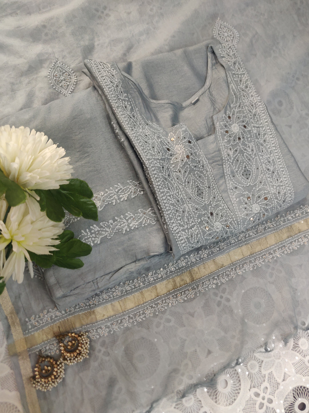 Grey Chanderi Chikankari Suit Set-custom Made