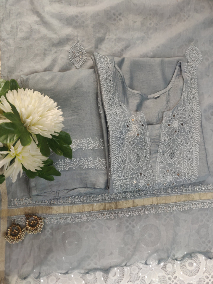 Grey Chanderi Chikankari Suit Set-custom Made