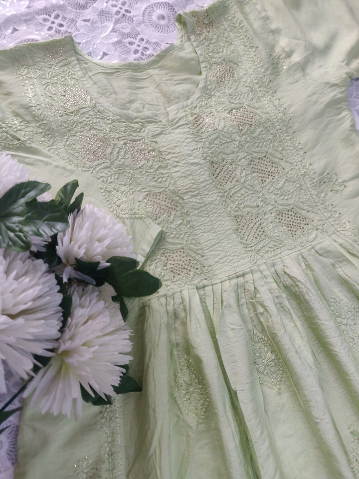 Lime green Chanderi Chikankari Suit Set -Custom Made