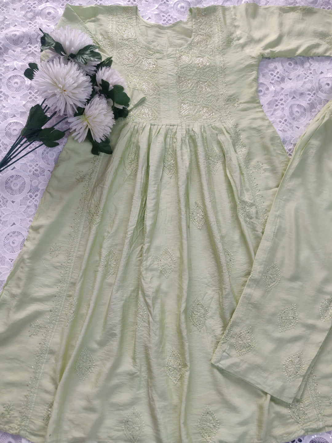 Lime green Chanderi Chikankari Suit Set -Custom Made