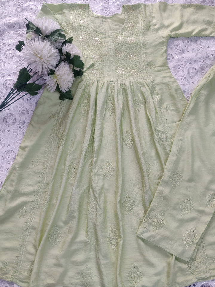 Lime green Chanderi Chikankari Suit Set -Custom Made