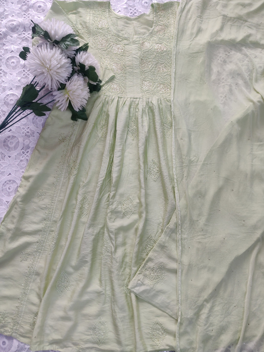 Lime green Chanderi Chikankari Suit Set -Custom Made