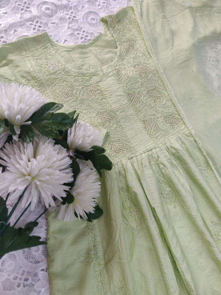 Lime green Chanderi Chikankari Suit Set -Custom Made
