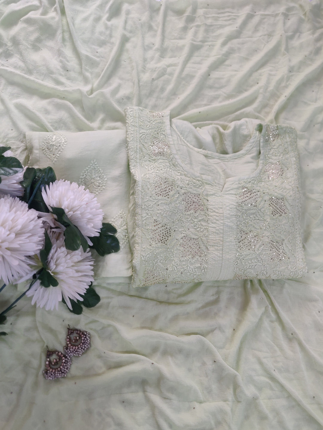 Lime green Chanderi Chikankari Suit Set -Custom Made