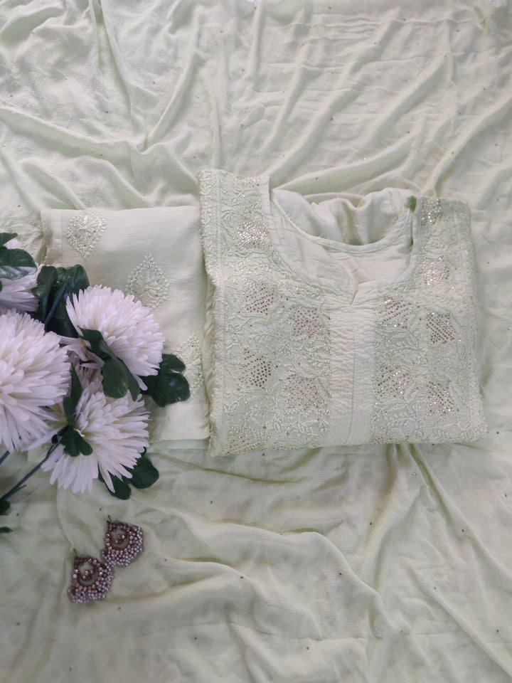 Lime green Chanderi Chikankari Suit Set -Custom Made