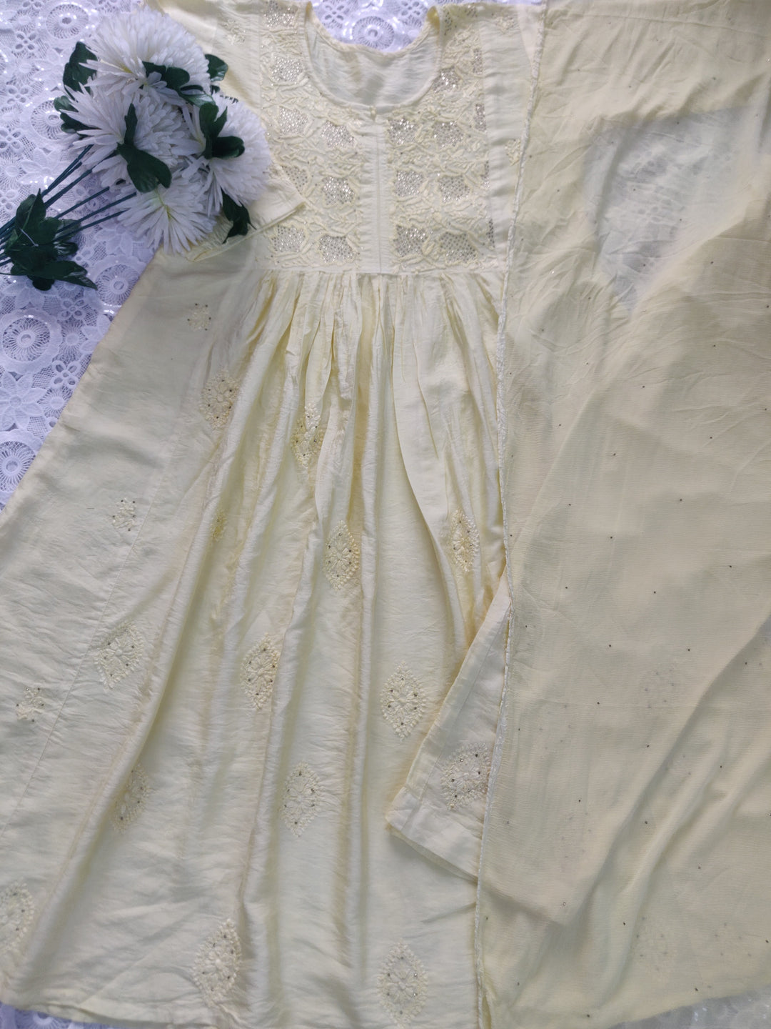 Light Yellow Chanderi Chikankari Suit Set-custom Made