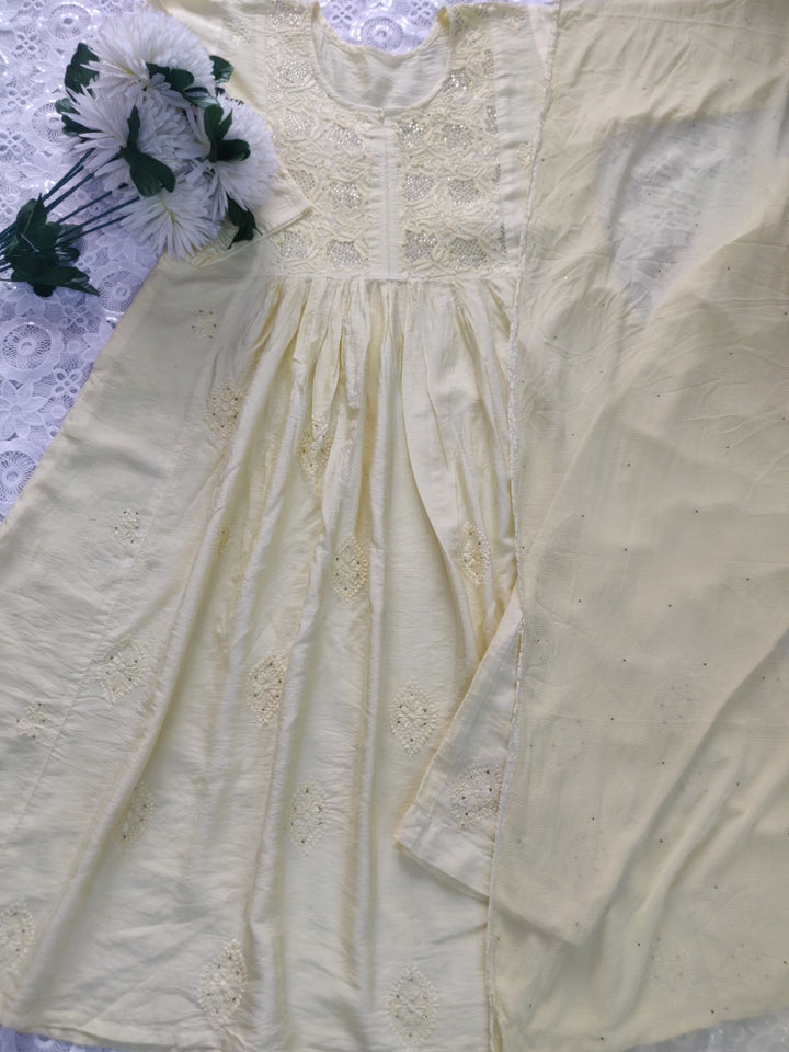 Light Yellow Chanderi Chikankari Suit Set-custom Made