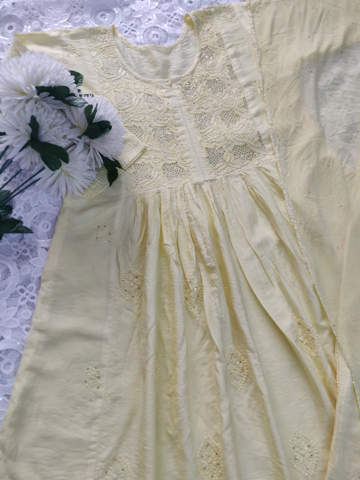 Light Yellow Chanderi Chikankari Suit Set-custom Made