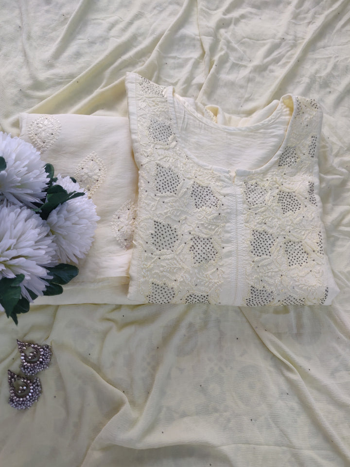 Light Yellow Chanderi Chikankari Suit Set-custom Made