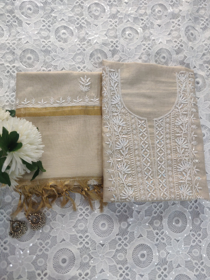 Beige Tissue Chanderi Chikankari kurta Dupatta Fabric
