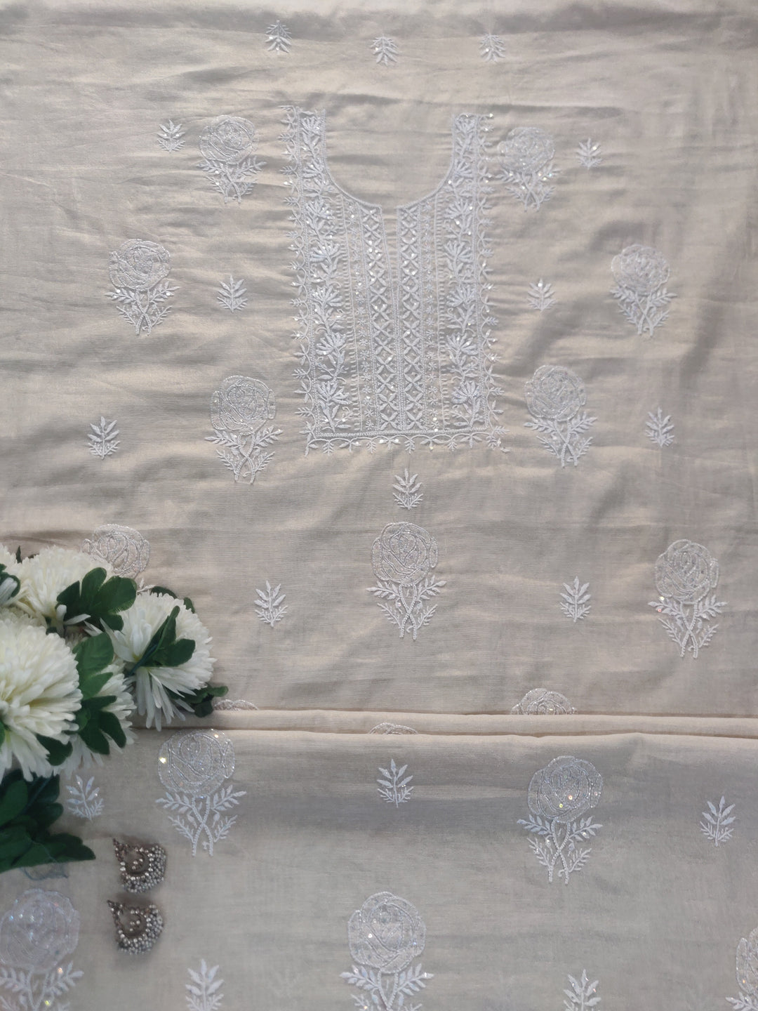 Beige Tissue Chanderi Chikankari kurta Dupatta Fabric