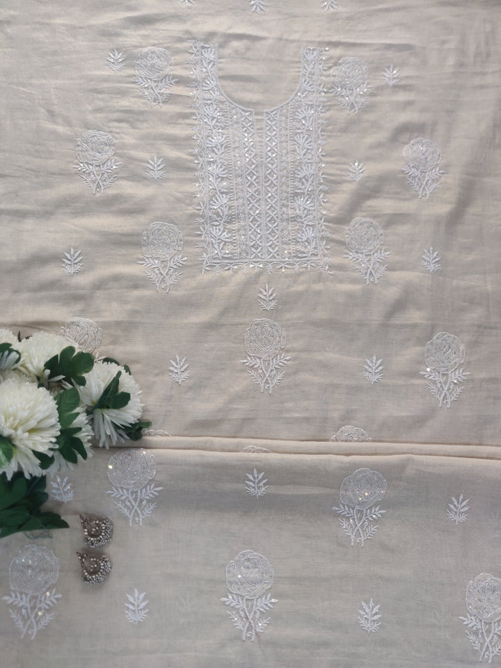 Beige Tissue Chanderi Chikankari kurta Dupatta Fabric