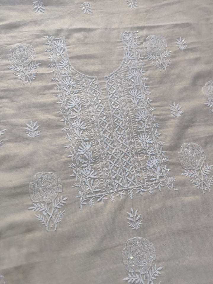 Beige Tissue Chanderi Chikankari kurta Dupatta Fabric