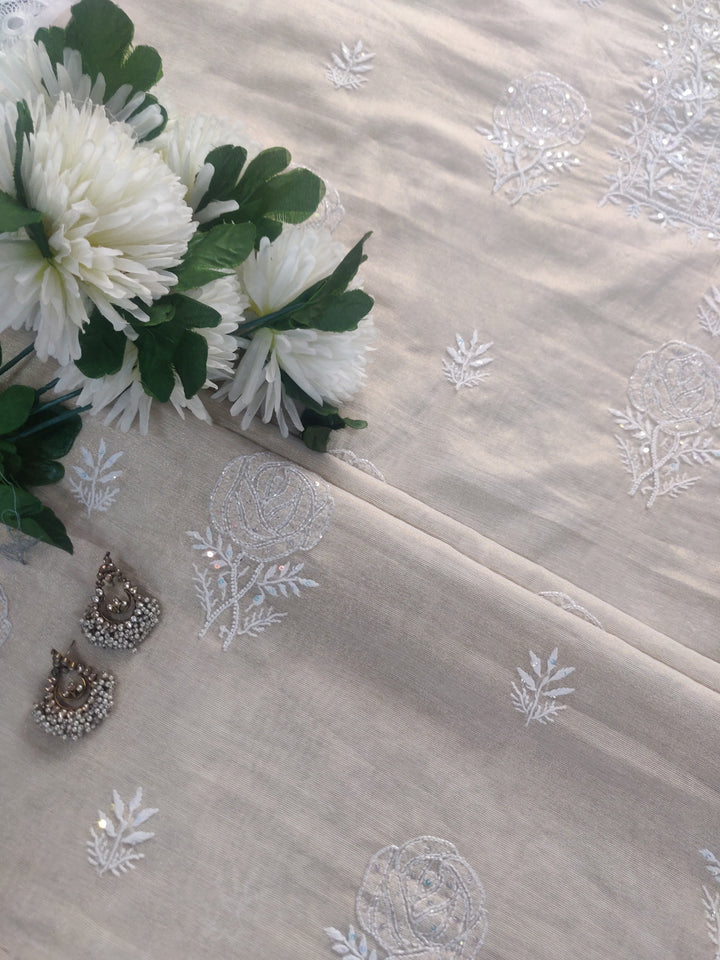 Beige Tissue Chanderi Chikankari kurta Dupatta Fabric