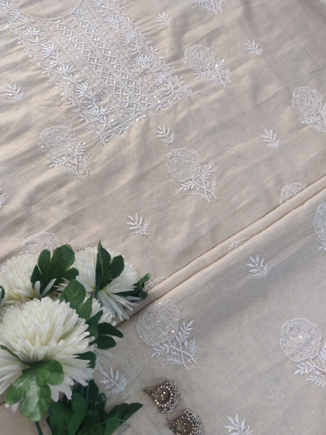 Beige Tissue Chanderi Chikankari kurta Dupatta Fabric