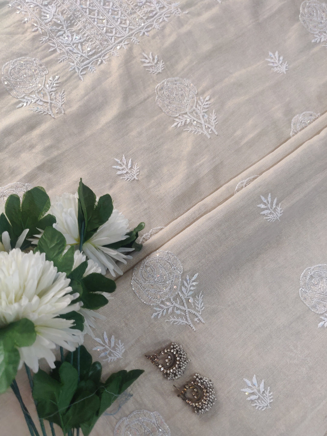 Beige Tissue Chanderi Chikankari kurta Dupatta Fabric