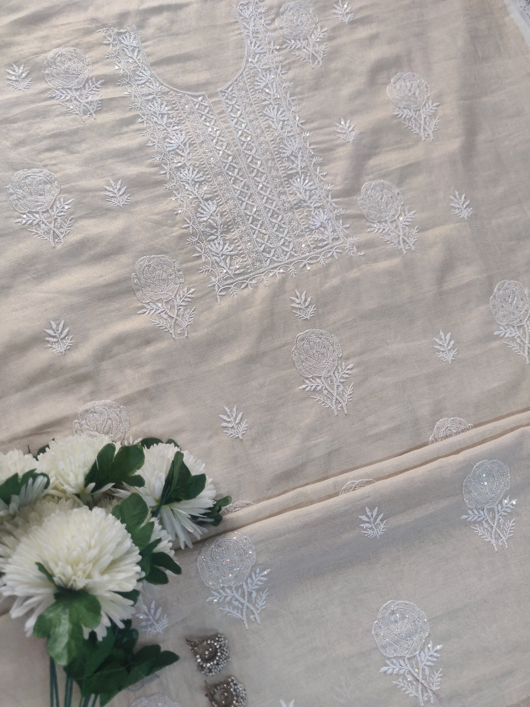 Beige Tissue Chanderi Chikankari kurta Dupatta Fabric