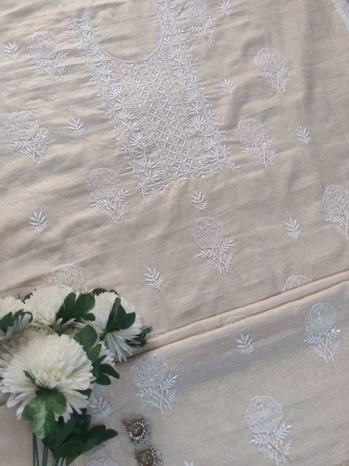 Beige Tissue Chanderi Chikankari kurta Dupatta Fabric