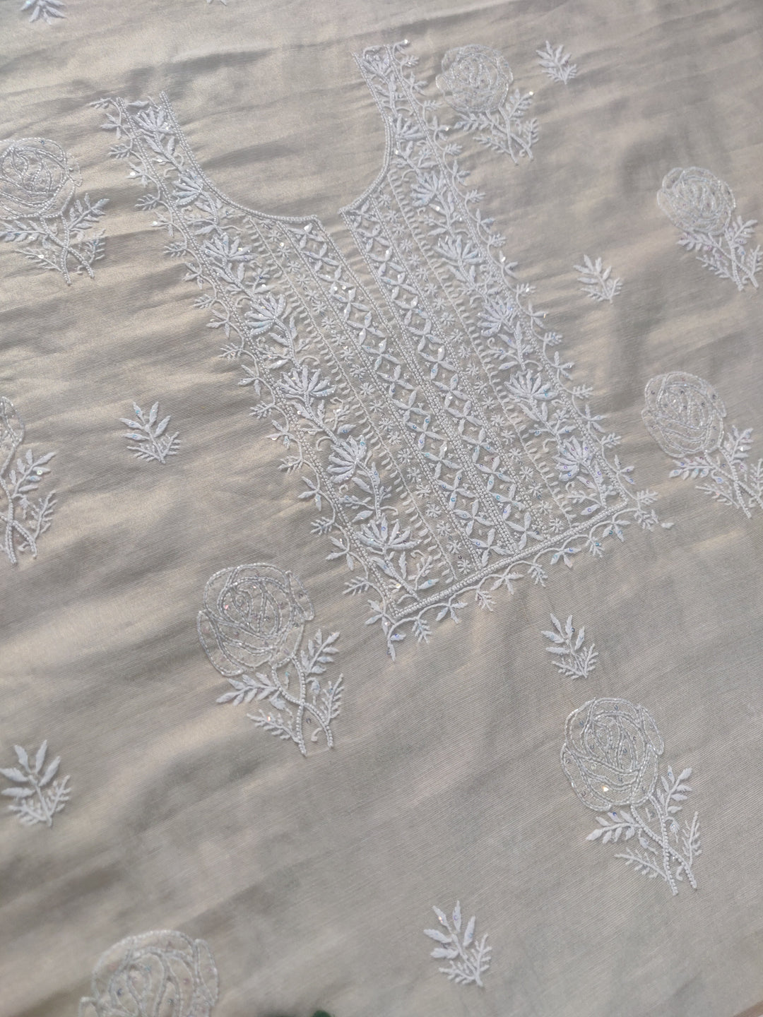 Beige Tissue Chanderi Chikankari kurta Dupatta Fabric
