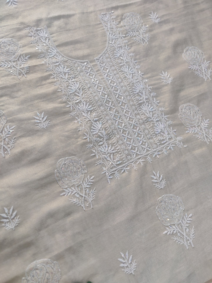Beige Tissue Chanderi Chikankari kurta Dupatta Fabric