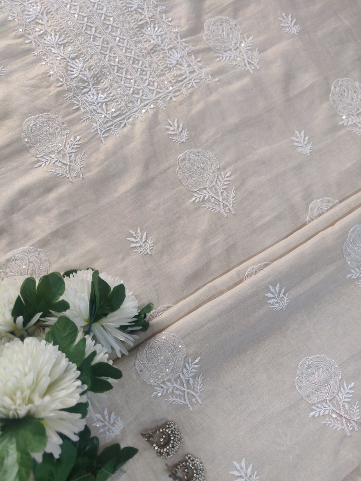 Beige Tissue Chanderi Chikankari kurta Dupatta Fabric