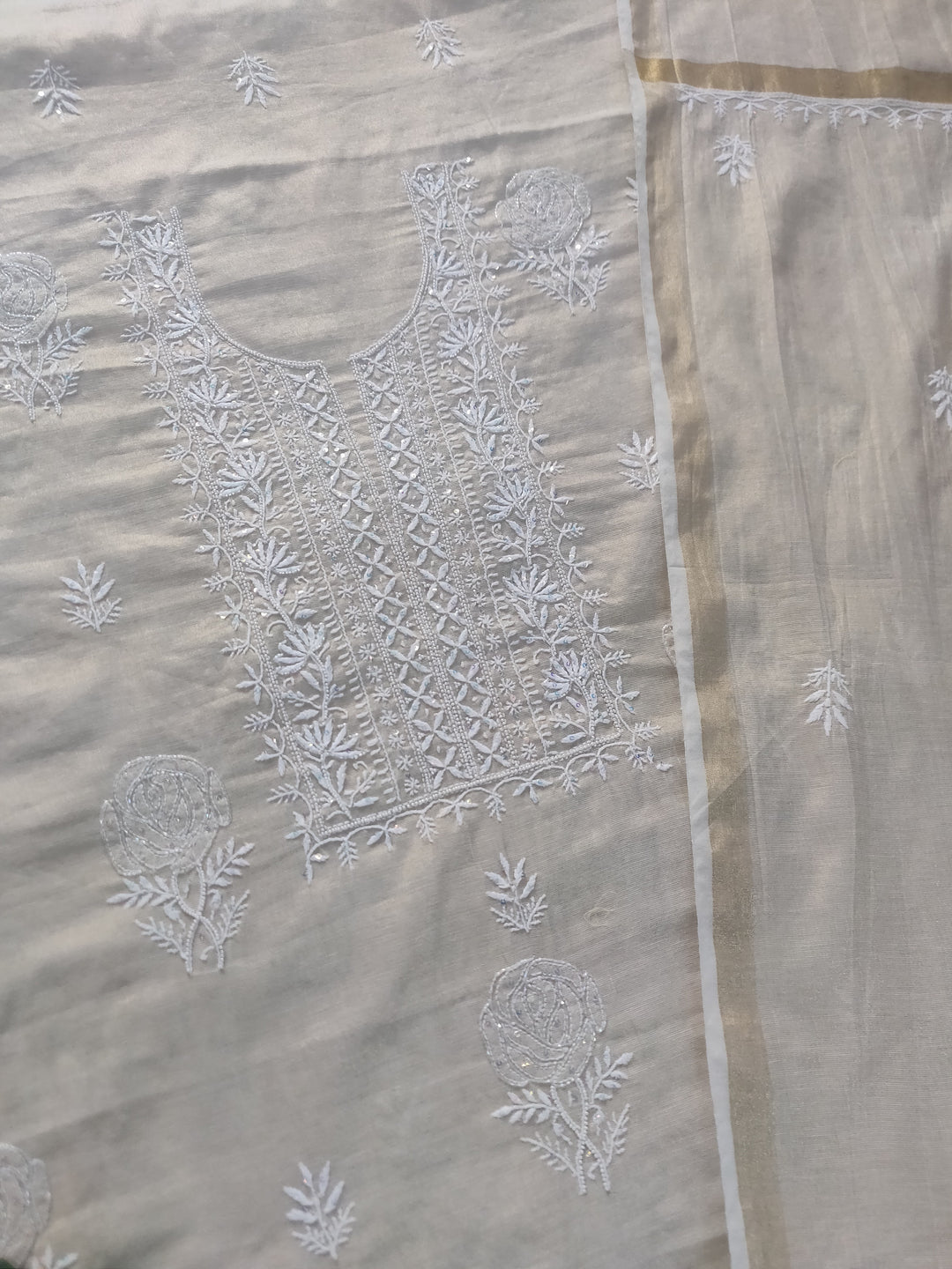 Beige Tissue Chanderi Chikankari kurta Dupatta Fabric