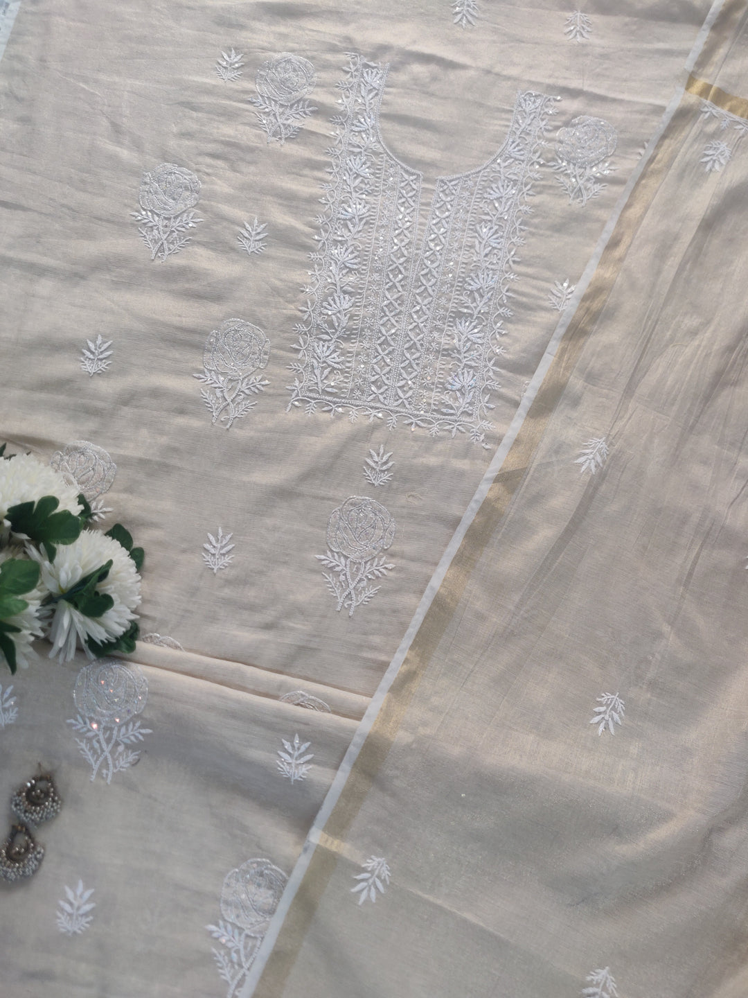 Beige Tissue Chanderi Chikankari kurta Dupatta Fabric
