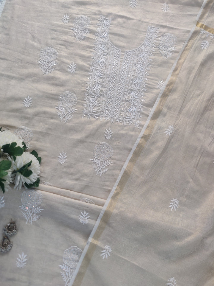 Beige Tissue Chanderi Chikankari kurta Dupatta Fabric