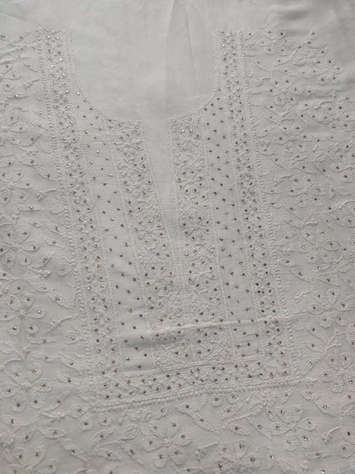 White Chanderi Chikankari kurta Fabric