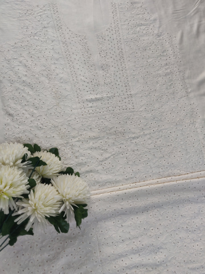White Chanderi Chikankari kurta Fabric
