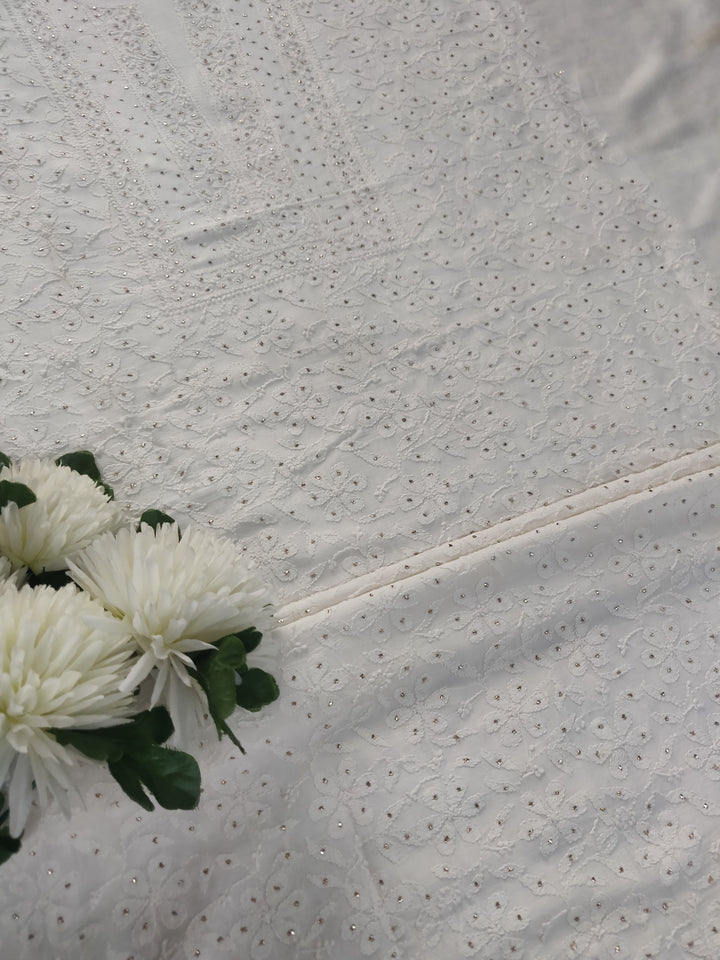 White Chanderi Chikankari kurta Fabric