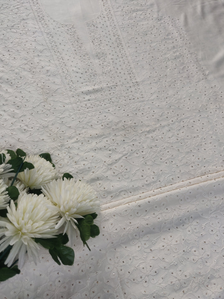 White Chanderi Chikankari kurta Fabric