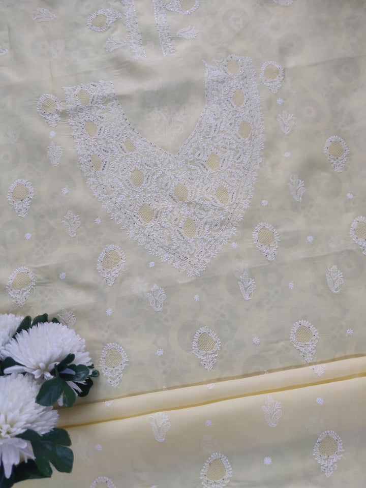 Light Yellow Cotton Chikankari kurta Fabric